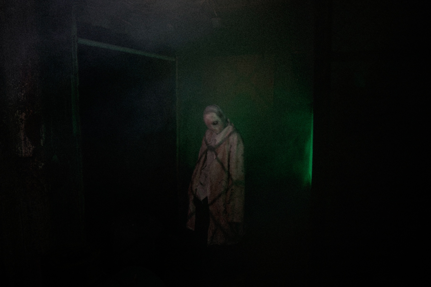 Ghostly figure in green-lit doorway